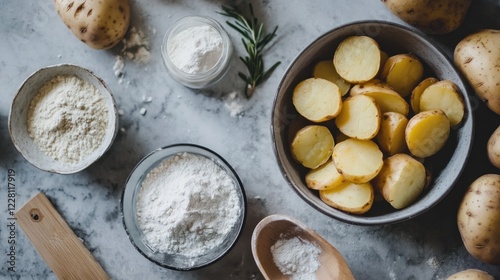 Potatoes being prepared with flour for a meal, laid out on a kitchen counter ready to cook