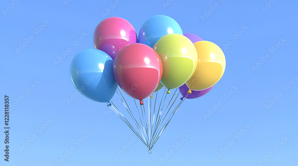A bunch of colorful helium balloons floating in the sky, with a clear blue background. The balloons should be vibrant in color, with a glossy finish reflecting sunlight, creating a sense of joy. A bunch of colorful helium balloons floating in the sky, with a clear blue background. The balloons should be vibrant in color, with a glossy finish reflecting sunlight, creating a sense of joy.