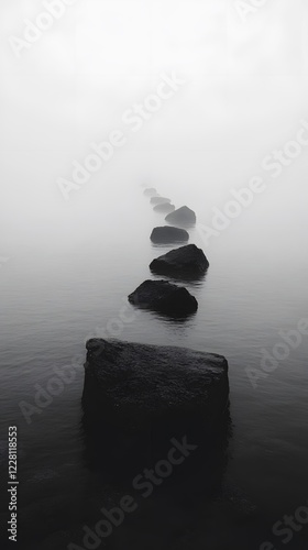 A black and white photograph of multiple large rocks protruding from the water, forming an endless
