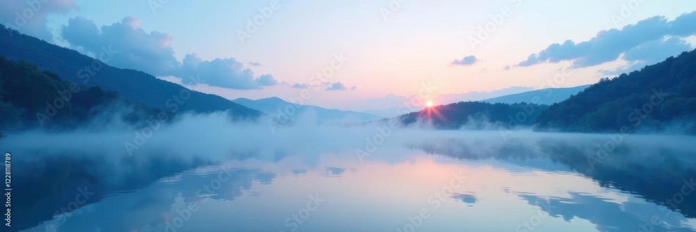 Fototapeta premium Softly glowing blue mist rises from a serene lake at dawn, gentle waters, lake water, sky bright blue pastel clouds
