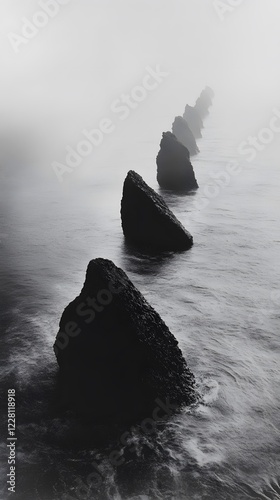 A black and white photograph of multiple large rocks protruding from the water, forming an endless
