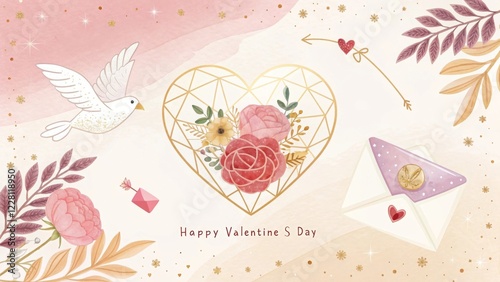Romantic Floral Heart with Dove and Love Letter – Valentine's Day Card
