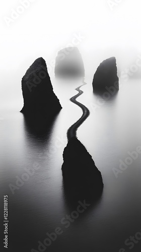 A black and white photograph of multiple large rocks protruding from the water, forming an endless
