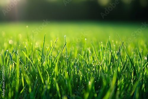 Lush green grass, sunlit lawn, golden hour, bokeh background, macro photography, dew drops, vibrant nature, soft focus, warm sunlight, tranquil garden scene, shallow depth of field, fresh spring atmos photo