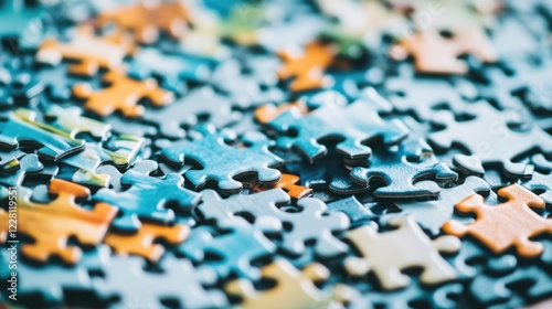 Scene of a puzzle setup. Featuring puzzle pieces, a partially completed puzzle, and a puzzle mat. Highlighting the relaxation of solving puzzles. Ideal for leisure blogs. photo