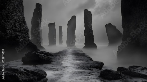 A black and white photograph of multiple large rocks protruding from the water, forming an endless
