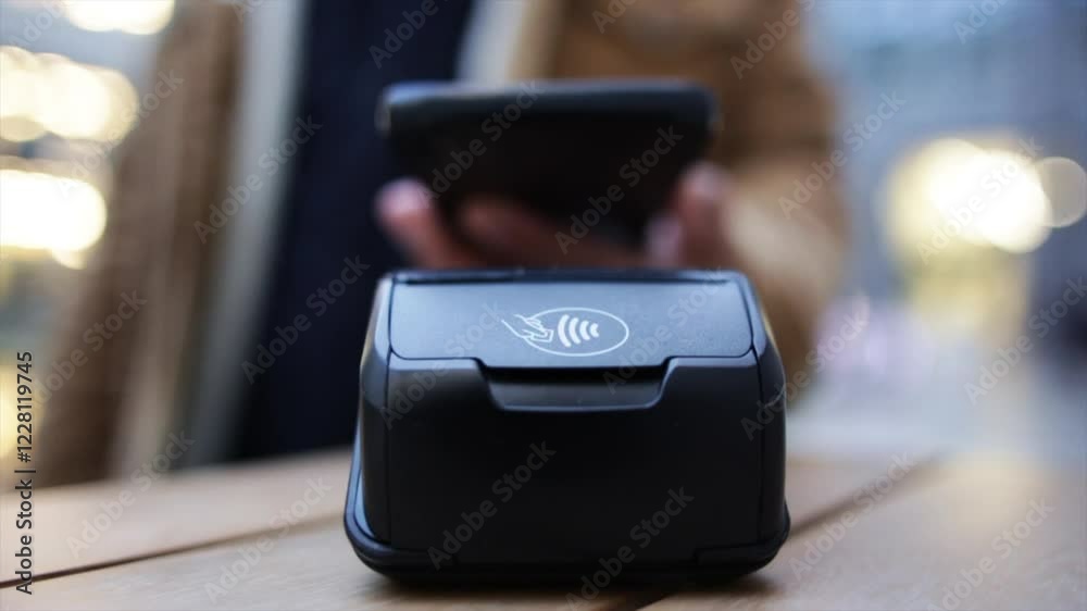 Contactless payment proceeding with smartphone near pos terminal on wooden surface, showcasing secure digital transaction leveraging near field communication technology