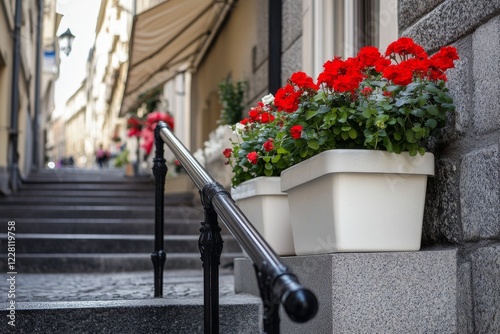 An external staircase with a black railing leads to a building adorned with stucco walls, decorative sun visors above the windows, and flowering plants in decorative pots, all without anyone around photo