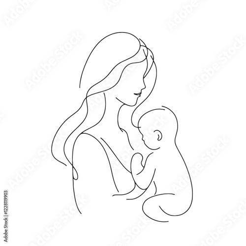 Minimal Handdrawn Single Line Vector Illustration Mother and Child