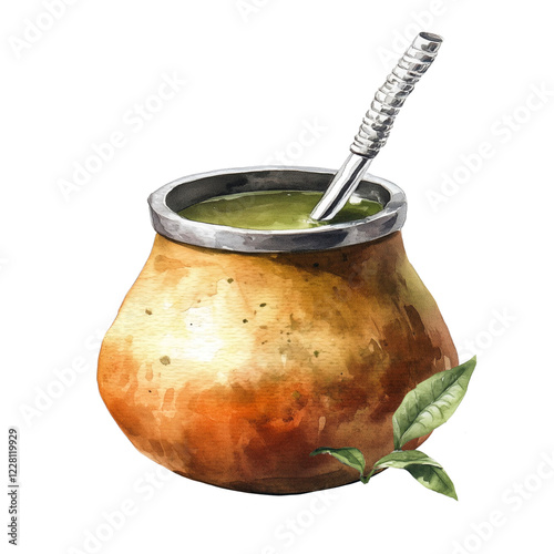 Isolated on white background images of a traditional Argentine mate tea in a gourd with a silver bombilla straw, accompanied by loose yerba mate leaves, painted in earthy watercolor tones