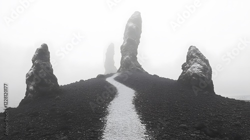 A black and white photograph of multiple large rocks protruding from the water, forming an endless
