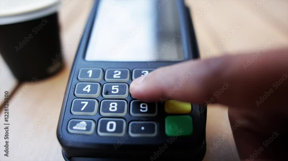 Close up view showing customer's finger pressing buttons on pos terminal keypad, entering pin code with disposable coffee cup blurring background during payment transaction Close up view showing customer's finger pressing buttons on pos terminal keypad, entering pin code with disposable coffee cup blurring background during payment transaction