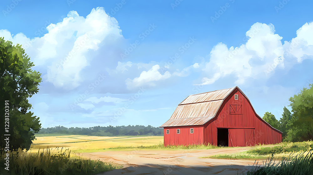 A rustic, red barn with a classic gambrel roof, situated in a peaceful rural landscape. The barn should be surrounded by fields and a few trees, under a bright blue sky with a few fluffy clouds. A rustic, red barn with a classic gambrel roof, situated in a peaceful rural landscape. The barn should be surrounded by fields and a few trees, under a bright blue sky with a few fluffy clouds.