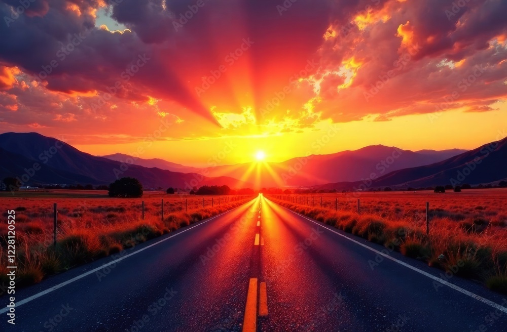 Fototapeta premium General plan. Bright landscape with a road at sunset.