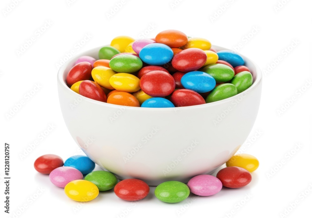A white ceramic bowl filled with colorful candy coated chocolates with a few scattered on the surface isolated on a white background A white ceramic bowl filled with colorful candy coated chocolates with a few scattered on the surface isolated on a white background