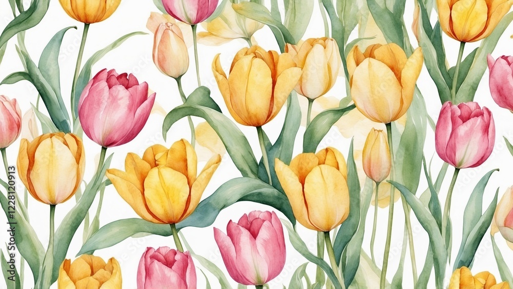 Watercolor tulip pattern with vibrant pink and yellow flowers on a white background Watercolor tulip pattern with vibrant pink and yellow flowers on a white background