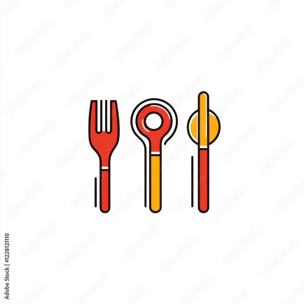 Colorful cutlery set, flat design, white background, food icon, menu design Colorful cutlery set, flat design, white background, food icon, menu design