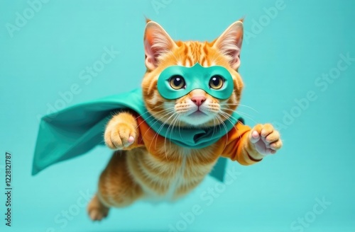 Wallpaper Mural A ginger cat in a turquoise mask and cloak flies in a Superman pose on a turquoise background. Torontodigital.ca