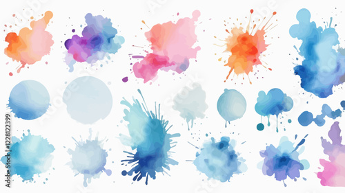 Set of abstract bright colorful watercolor splashes on a white background. Vector watercolor texture in salad color. Ink paint brush stain. Bright colored dot splashed. Watercolor pastel splash