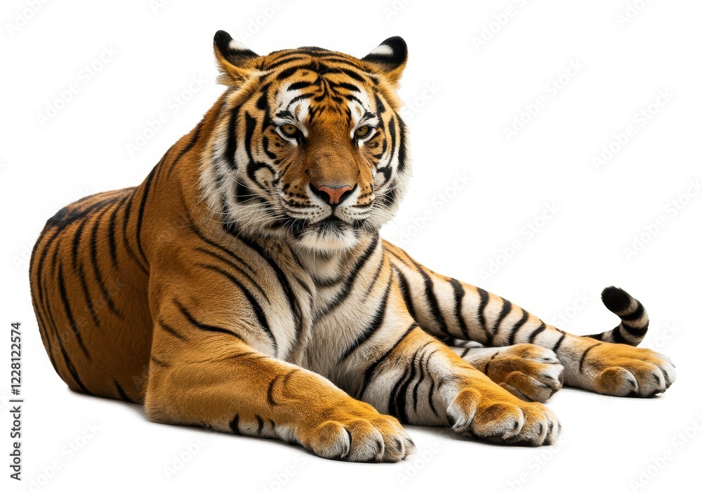 Fototapeta premium A majestic Bengal tiger lying down with its front paws extended isolated on a white background