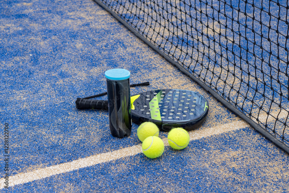 A padel racket and balls resting on a vibrant blue court, ready for an exciting match or practice session.