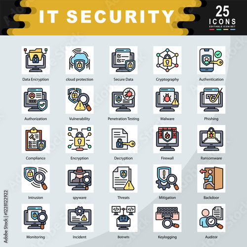 IT Security icon set containing Data Encryption, cloud protection, Secure Data, Cryptography, Authentication, Authorization, Vulnerability, Malware, Phishing, Firewall icon. Simple flat line vector