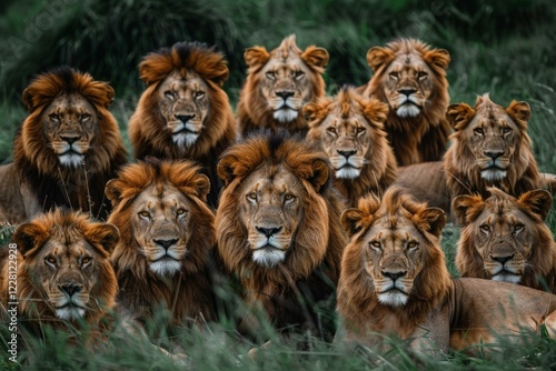 Several male lions are resting together in tall grass in their natural african habitat