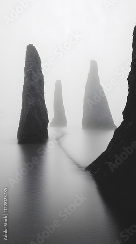A black and white photograph of multiple large rocks protruding from the water, forming an endless
