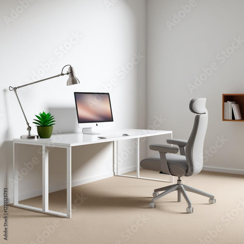 A minimalist office interior featuring a clean white desk with a single monitor, a potted succulent plant, a modern desk lamp, a comfortable grey ergonomic chair, and a soft beige carpeted floor, with