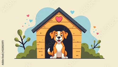 Happy cartoon dog sitting in a doghouse surrounded by green bushes and hearts, animal protection theme