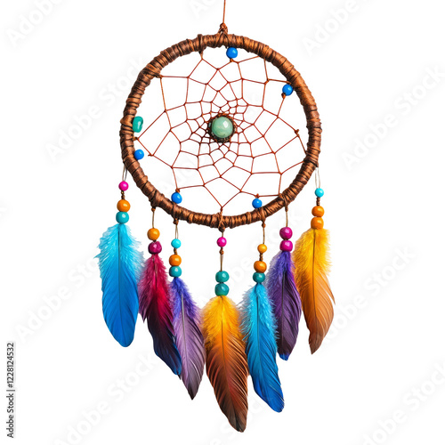 Colorful dreamcatcher with feathers and beads, isolated on transparent background