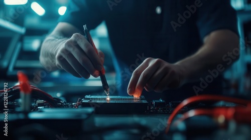 skilled auto technician's hands performing detailed electrical diagnostics on modern ev battery system, dramatic workshop lighting, close-up macro photography