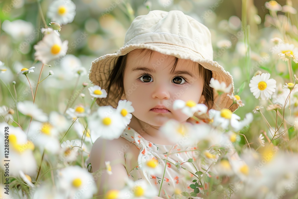 Baby girl wearing a hat sitting in a field of daisies enjoying nature Baby girl wearing a hat sitting in a field of daisies enjoying nature