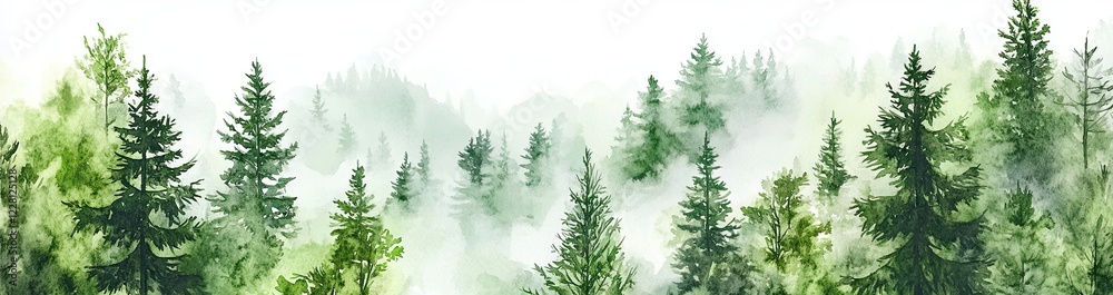 Fototapeta premium A watercolor depiction of a wild, frozen taiga with a foggy forest and a winter hill