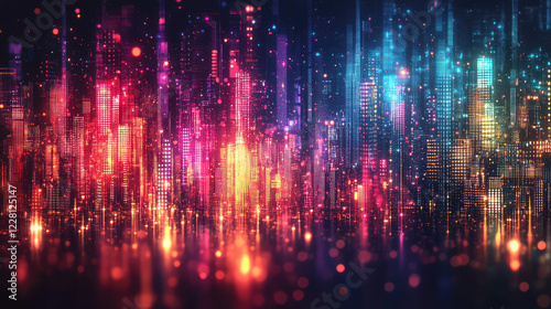 Vibrant digital cityscape with multicolored pixelated lights. Futuristic design  abstract urban theme  high-tech aesthetic.