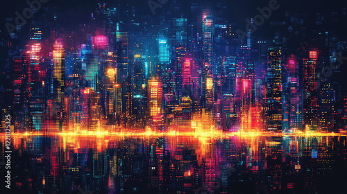 Vibrant digital cityscape with multicolored pixelated lights. Futuristic design  abstract urban theme  high-tech aesthetic.