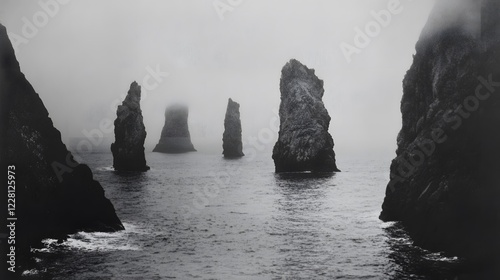 A black and white photograph of multiple large rocks protruding from the water, forming an endless
