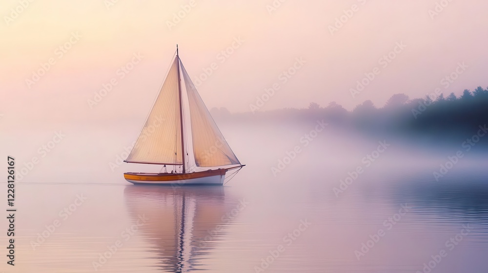 Fototapeta premium traditional wooden sailboat gliding through misty harbor at dawn, soft pastel sky, gentle ripples, atmospheric maritime scene