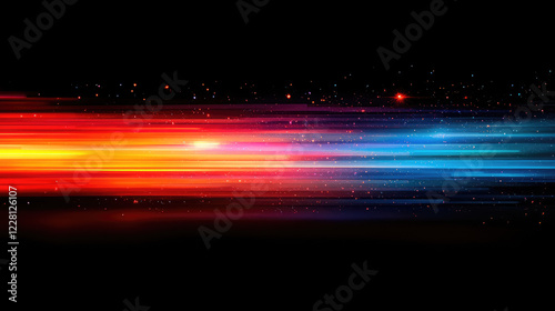 Vibrant abstract light streaks with colorful bokeh on dark background. Digital art  contemporary design  futuristic themes. Glitchcore  glowy iridescence bokeh sparkles.