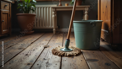 Mop and Bucket in Rustic Interior photo