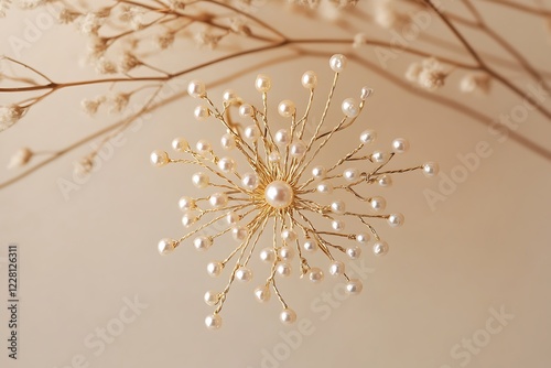 A delicate gold jewelry piece with pearls resembling a flower