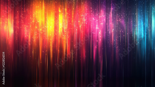 Vibrant abstract light streaks with colorful bokeh on dark background. Digital art  contemporary design  futuristic themes. Glitchcore  glowy iridescence bokeh sparkles.