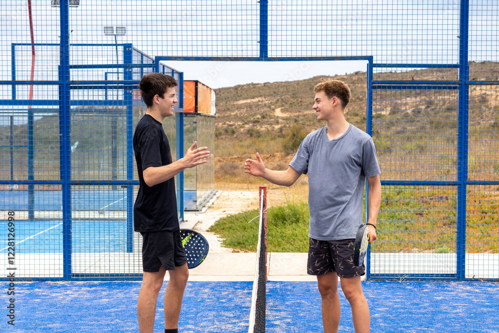 Two young players greeting each other with smiles after a padel match, showcasing sportsmanship and joy on the court.