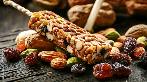 A bar of nutty snack food with nuts and raisins on top. generated using AI