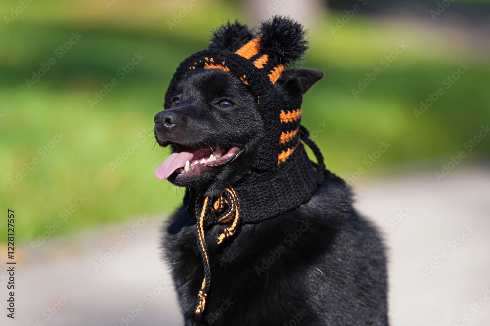 Φωτογραφία The portrait of a cute Schipperke dog posing outdoors wearing a knitted yellow a