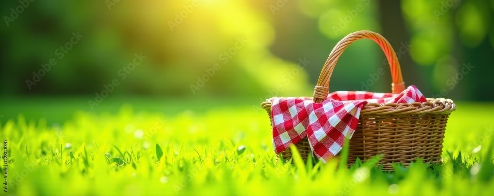 Bright green grass, a red and white checkered picnic basket, sunny summer day , woven, pattern, white Bright green grass, a red and white checkered picnic basket, sunny summer day , woven, pattern, white