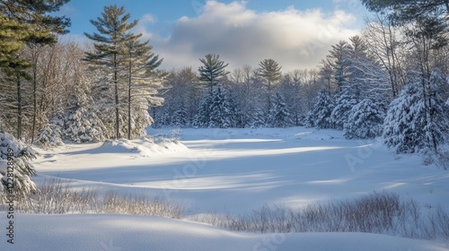 Wallpaper Mural winter wonderland forest panorama, snow-dusted evergreen branches creating natural patterns, crisp morning light Torontodigital.ca