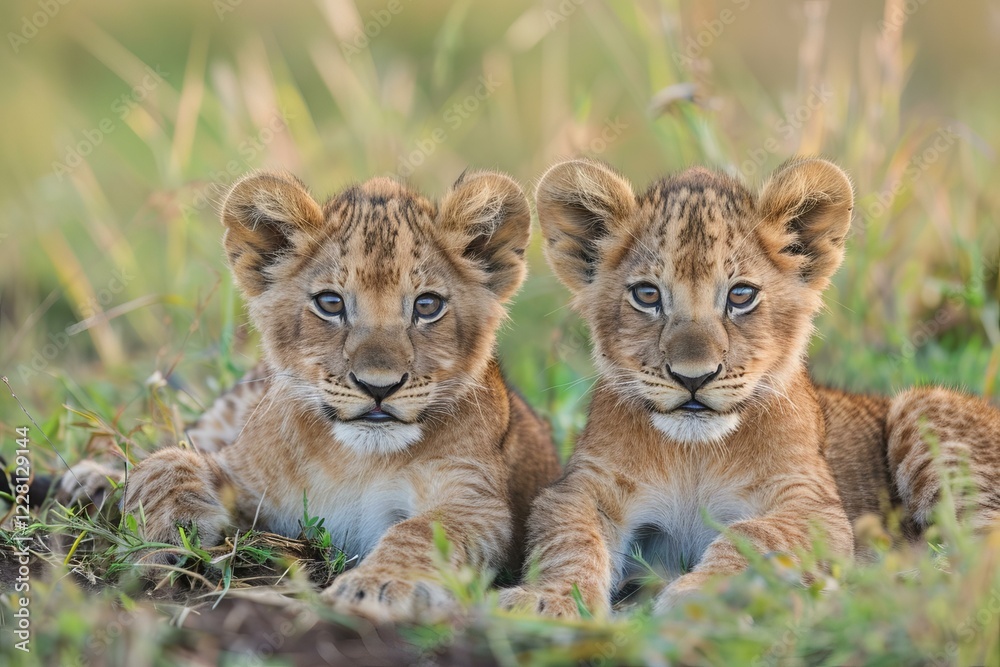 Two adorable lion cubs lie down in the grass of the african savanna Two adorable lion cubs lie down in the grass of the african savanna