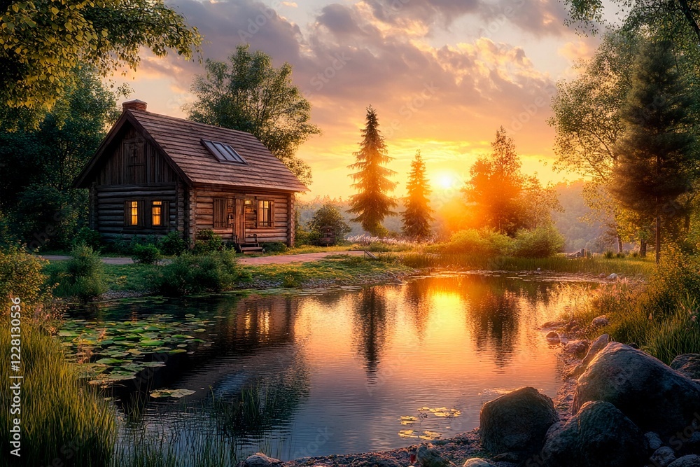 Serene sunset over a cozy log cabin beside a tranquil pond surrounded by nature Serene sunset over a cozy log cabin beside a tranquil pond surrounded by nature