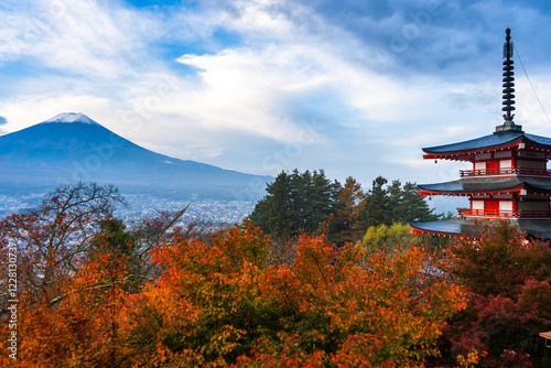 Mount Fuji on an autumn morning, with autumn leaves in the foreground